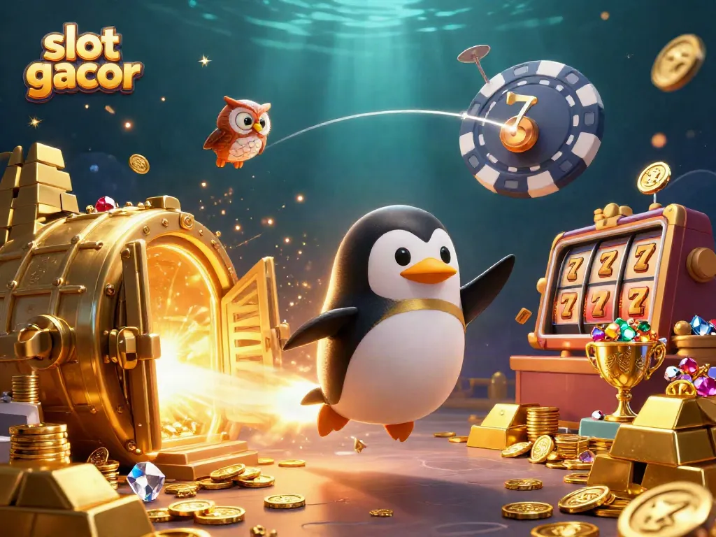 Experience thrilling slot gacor adventures with our animated golden penguin and casino elements.
