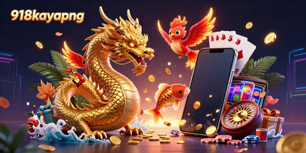 Immerse in 918kayapng's vibrant online pokies world filled with a golden dragon, phoenix, and coins.