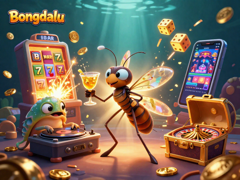 Bongdalu offers a vibrant casino scene showcasing a cartoon mosquito mascot, a trilobite DJ, and an ammonite roulette wheel amidst game symbols.