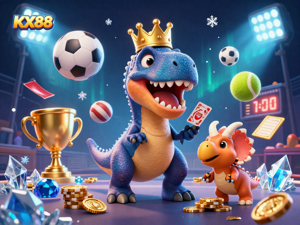 Engage in sports betting excitement with KX88 as characters shuffle cards and stack chips.