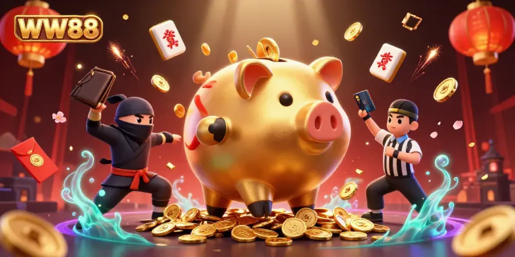 WW88 gaming action with a golden piggy bank sumo wrestler, coins flying amidst vibrant casino elements.