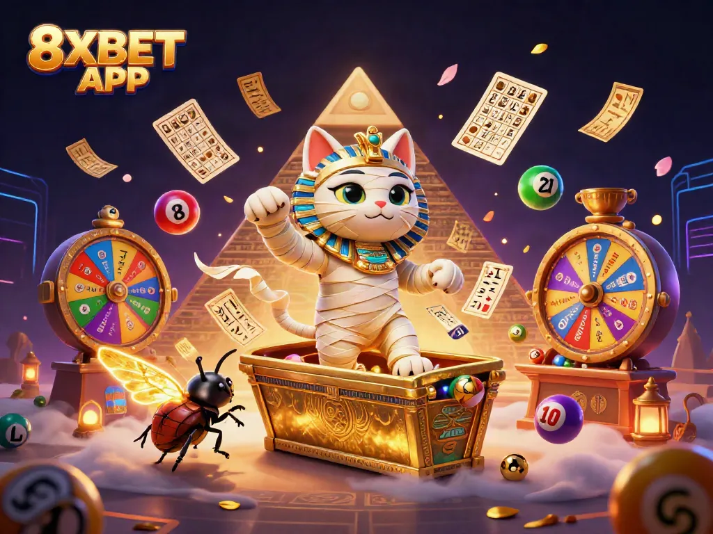 Engaging scene of the 8XBET APP featuring a cartoon mummy cat and vibrant casino elements.