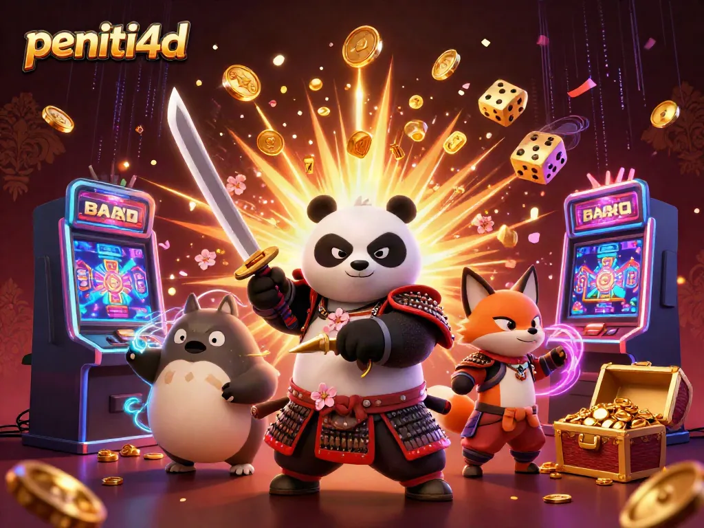 Slot permainan PENITI4D yang menampilkan karakter panda dan fox ninja yang mengasyikkan dengan elemen jackpot menarik.