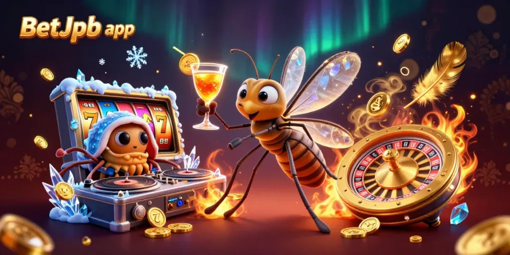 Experience the BetJDB app with a vibrant 3D illustration showcasing a unique casino scene featuring a mosquito mascot, trilobite DJ, and golden roulette wheel.