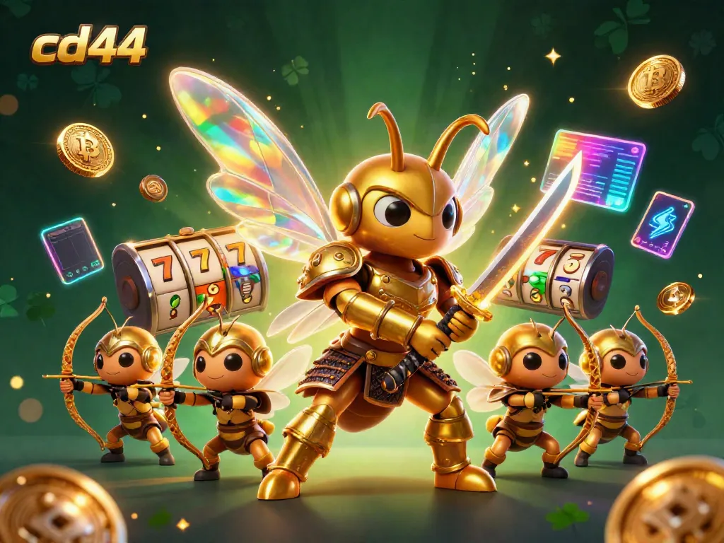 Experience exciting gameplay at cd44 with a vibrant illustration of slot machines, lucky symbols, and crypto elements.