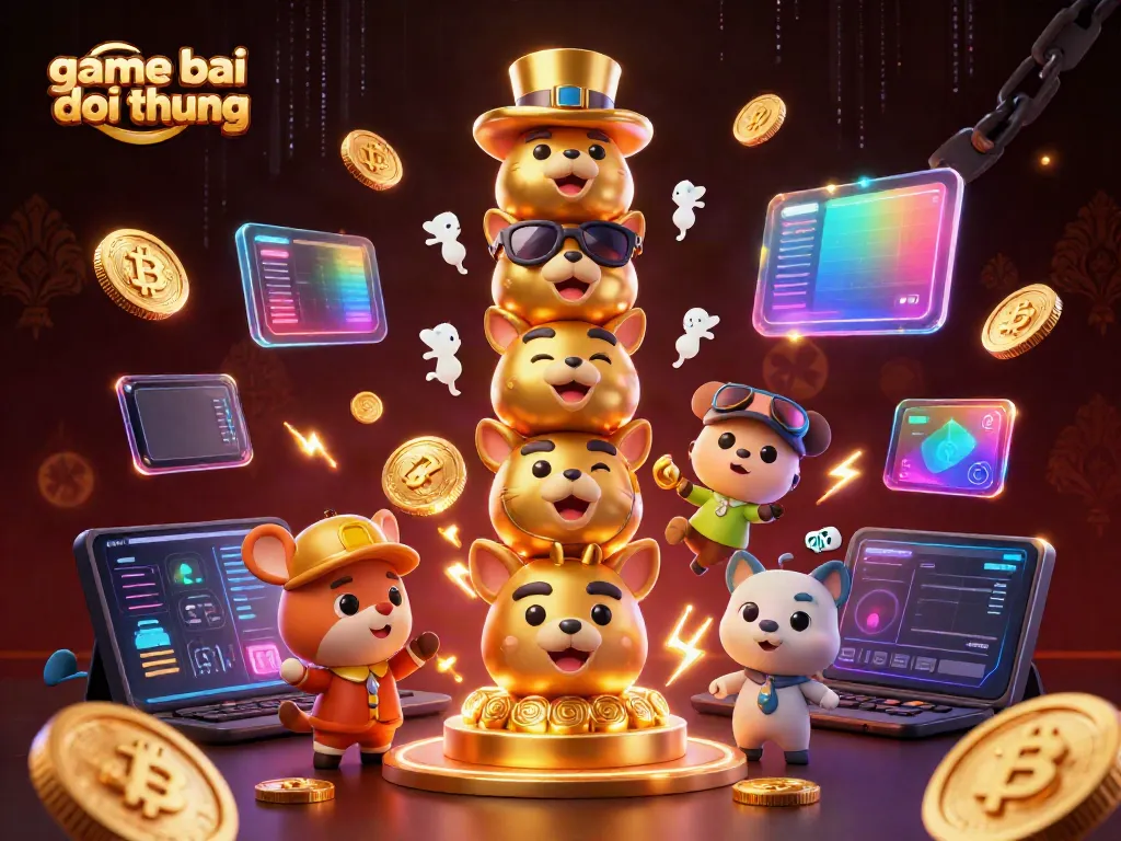 Engage with vibrant game bai doi thuong in a lively 3D casino scene featuring a totem, crypto elements, and dynamic energy.