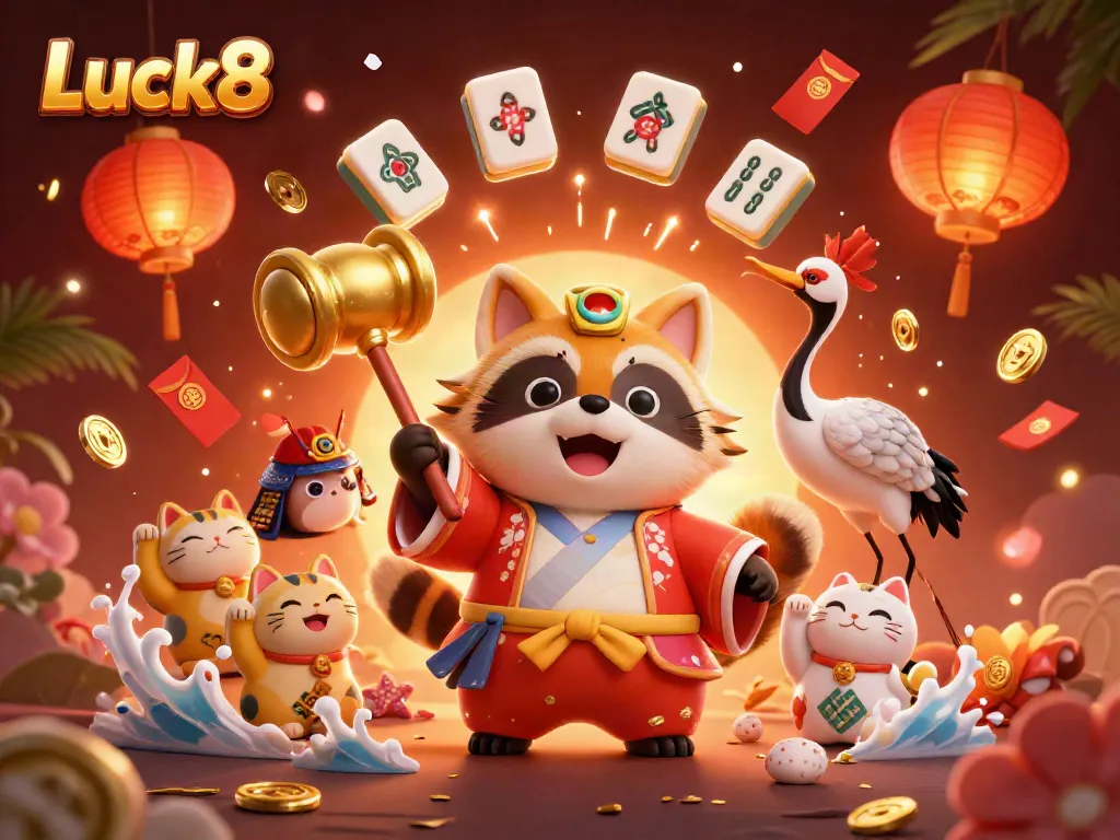 Experience Luck8's vibrant gaming scene with cheerful characters, golden mallets, and lively casino elements.