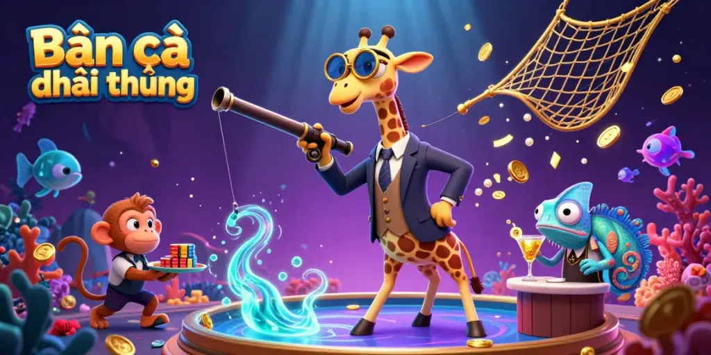 Bắn cá đổi thưởng celebration with colorful sea creatures and a VIP giraffe character enjoying game dynamics.