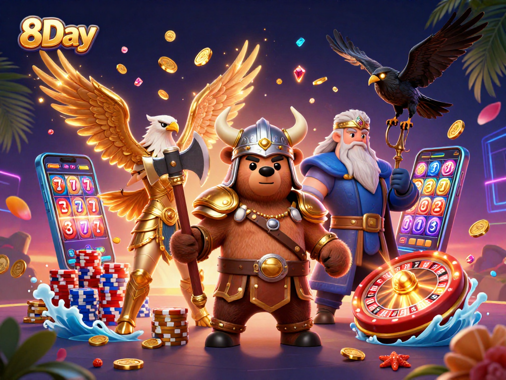 Experience winning at 8Day casino with a vibrant Viking and eagle artwork filled with treasures.