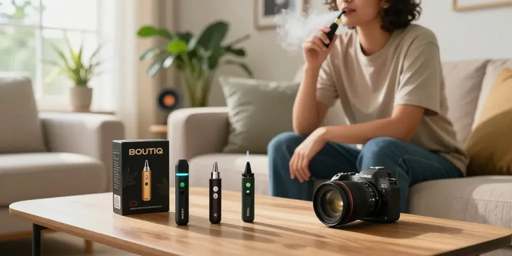 Boutiq Carts user enjoying premium vaping experience in a cozy home.