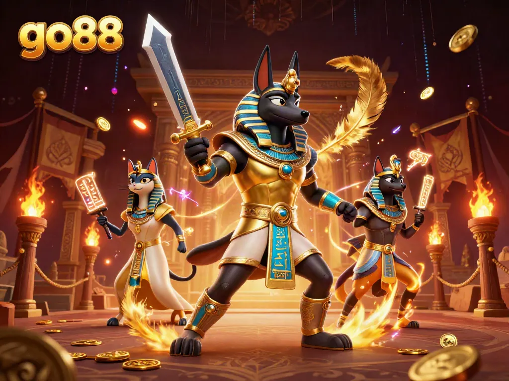 Engage in thrilling gameplay at go88 with Anubis and Bastet in an enchanting digital casino environment.