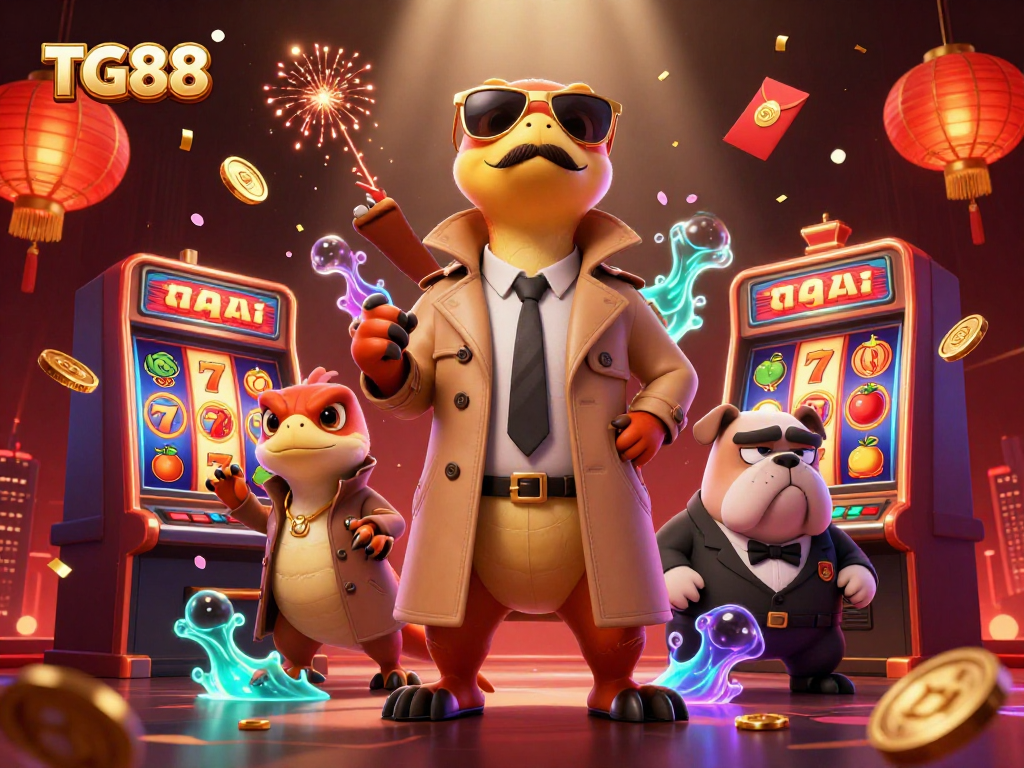 Join the excitement at TG88 with raptors in disguise entering a vibrant casino scene.