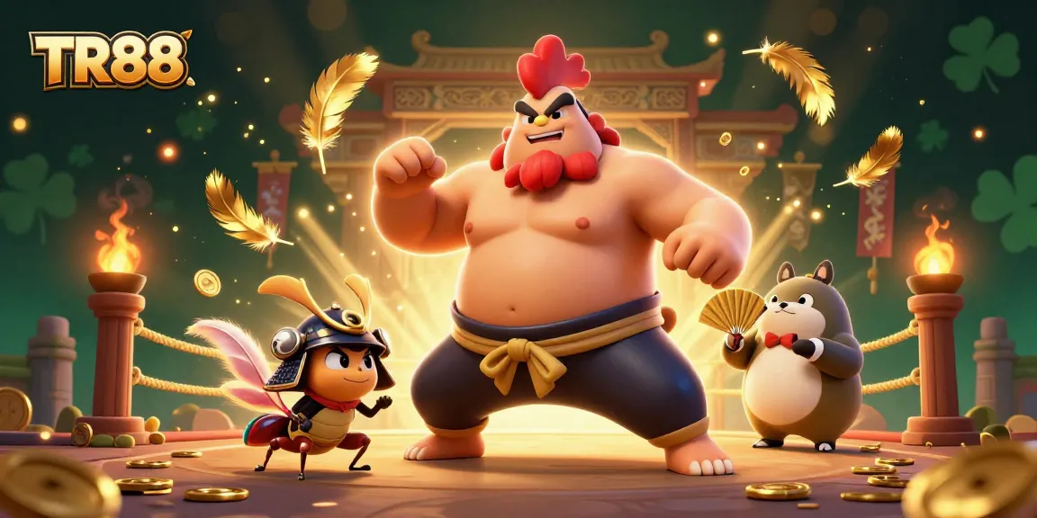 Engage with TR88 as a powerful sumo wrestling rooster stomps in an exciting gambling arena.