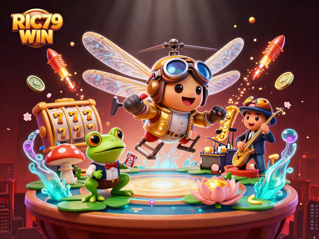 Engage with RIC79 WIN's vibrant casino scene featuring a dragonfly pilot, frog croupier, and festive games.