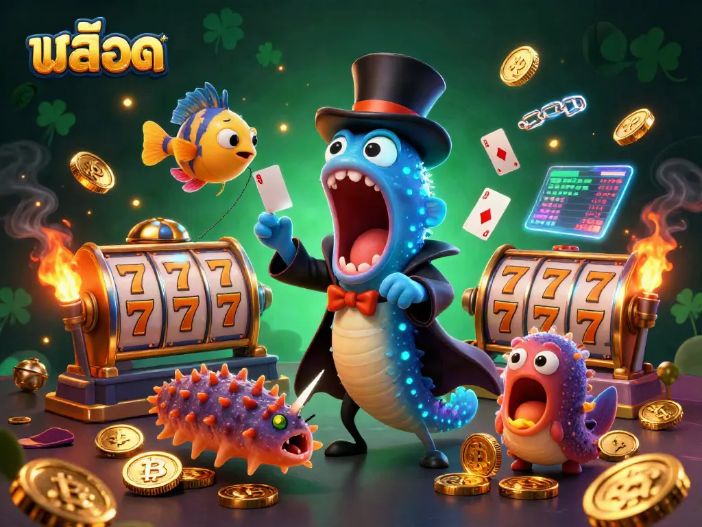 Engage with สล็อต slot games in a vibrant scene featuring magical sea creatures and dynamic gaming symbols.