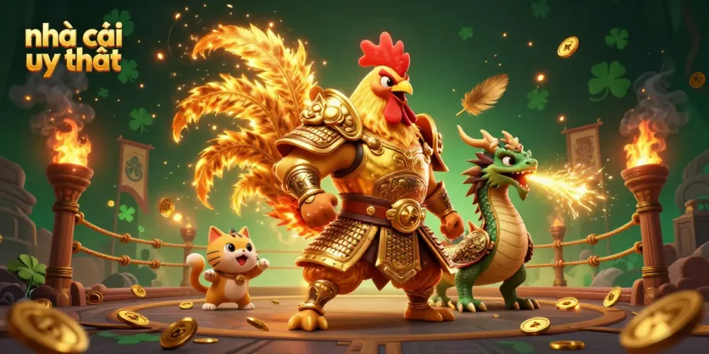 Experience vibrant action with the nhà cái uy tín dynamic scene featuring a warrior rooster, dragon, and fortune cat.