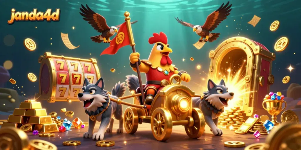 Permainan menarik di janda4d dengan slot dan jackpot besar dalam ilustrasi kasino yang megah.