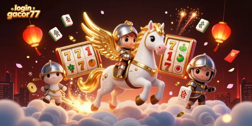 Gambarkan momen menyenangkan login gacor77 dengan kuda bersayap berwarna putih dan knight yang lucu, dikelilingi oleh elemen kasino.