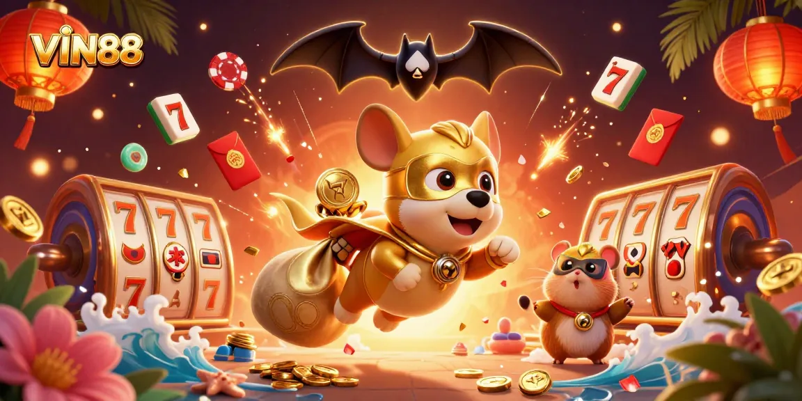 Experience thrilling slots with VIN88 featuring a superhero dog in a vivid casino scene.