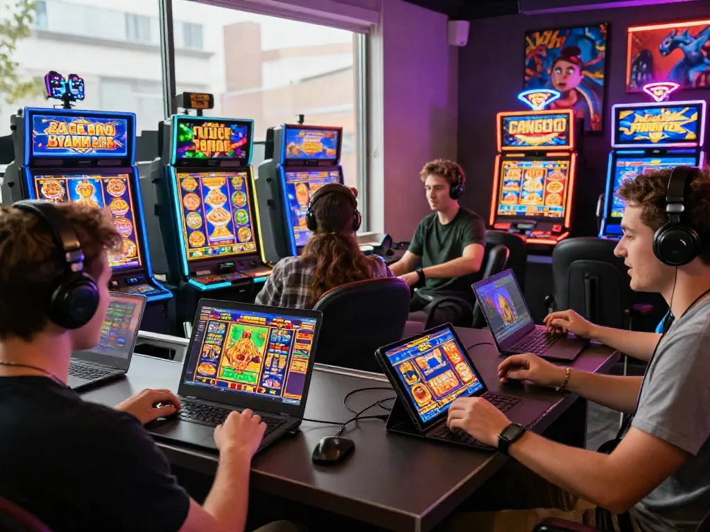 Excited players enjoying slot games on multiple devices in a vibrant gaming environment.