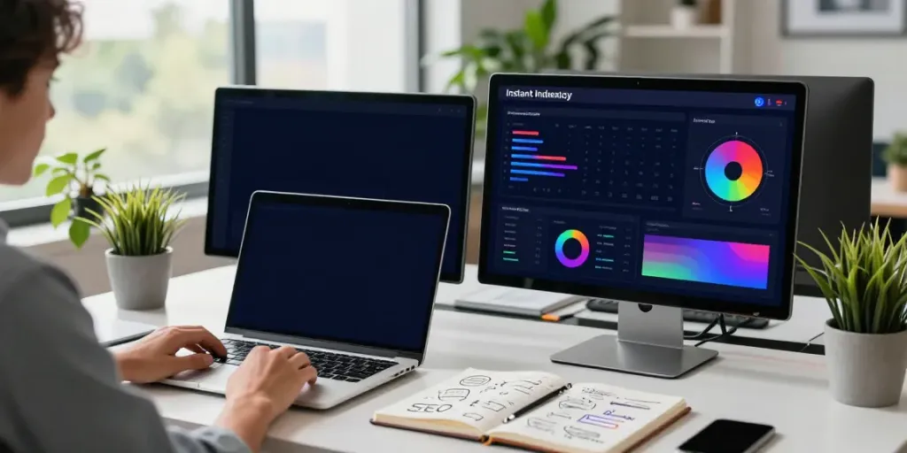 Professional workspace illustrating instant indexing analytics and SEO strategies.