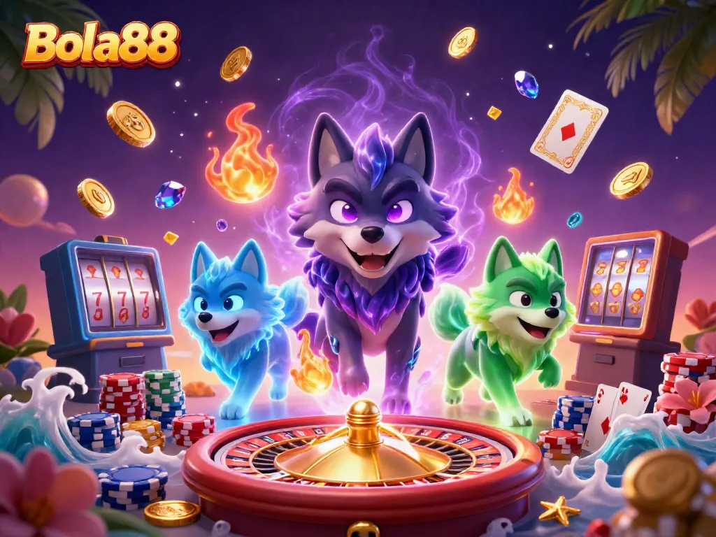 Bola88 showcases a vibrant scene with a glowing wolf pack leader amidst casino games and riches.