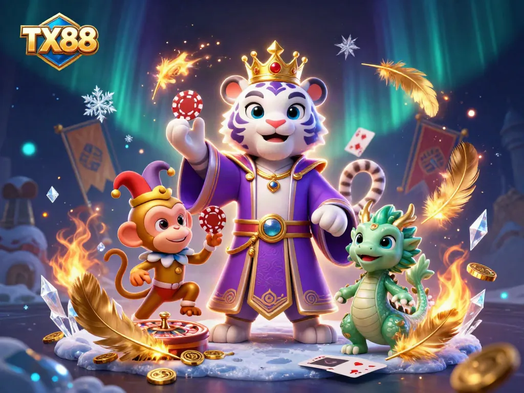 TX88 offers a vibrant casino experience featuring illuminated characters and dynamic gambling elements.