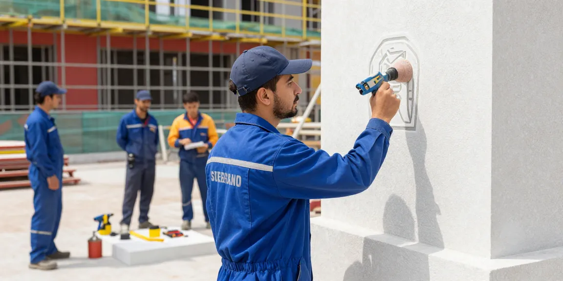 Professional contractor applying sandblast stencil for local services, trusted provider delivering high-quality results.