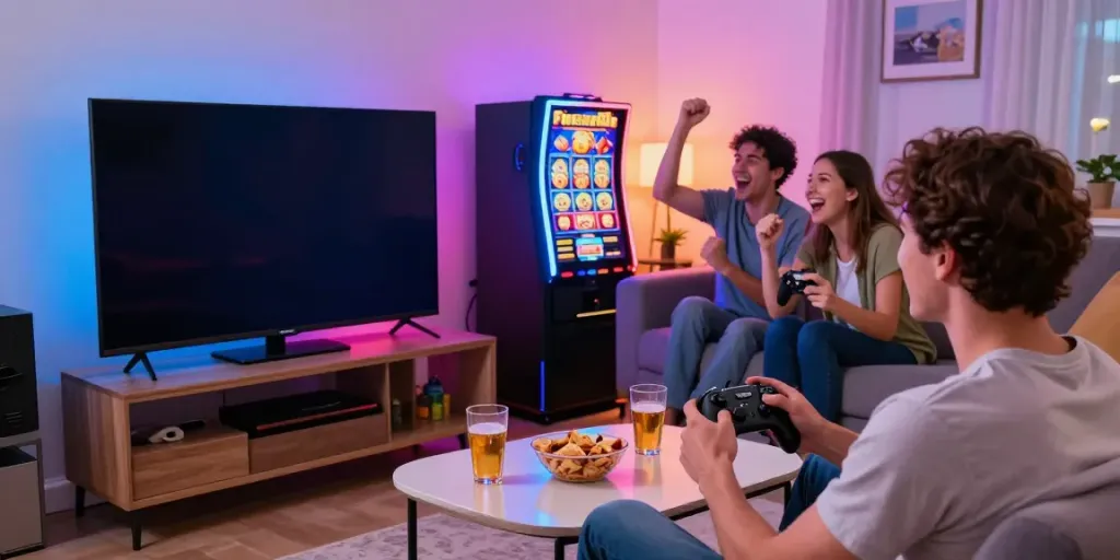 Person playing slot games at home with friends, showcasing a vibrant gaming atmosphere.