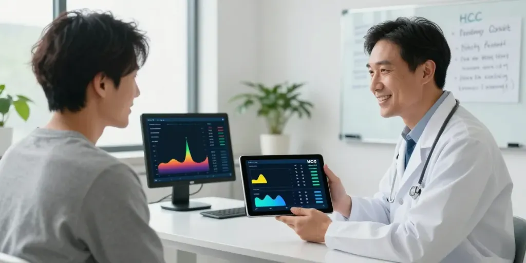 The scene depicts a male patient consulting with a doctor using an HCG dosage calculator in a bright clinic.