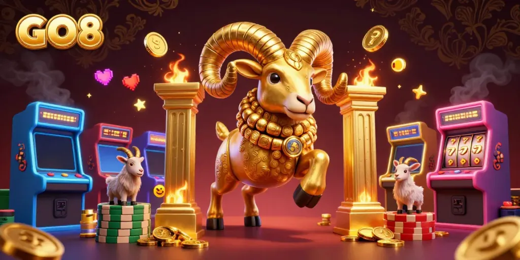 Experience the GO8 excitement with the golden ram charging through a casino-themed arcade
