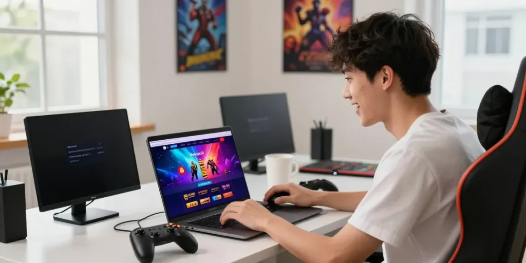 Pengguna berinteraksi dengan platform bukumimpi138 di laptop, menunjukkan suasana permainan yang ceria.