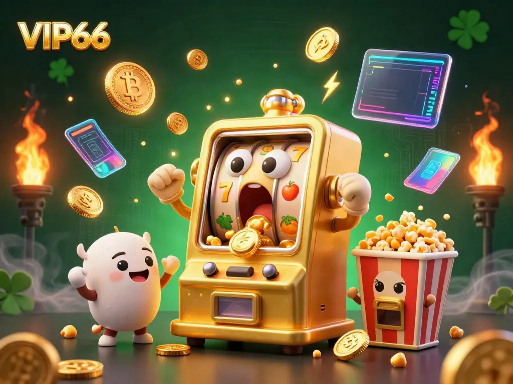 VIP66 slot machine hits jackpot while coins pour out, surrounded by cheering baby slots and gold elements.
