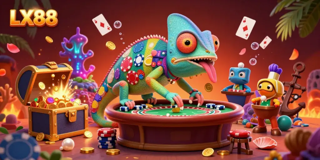 Experience thrilling casino adventures at LX88 with a colorful chameleon character amidst gold coins and shimmering treasures.