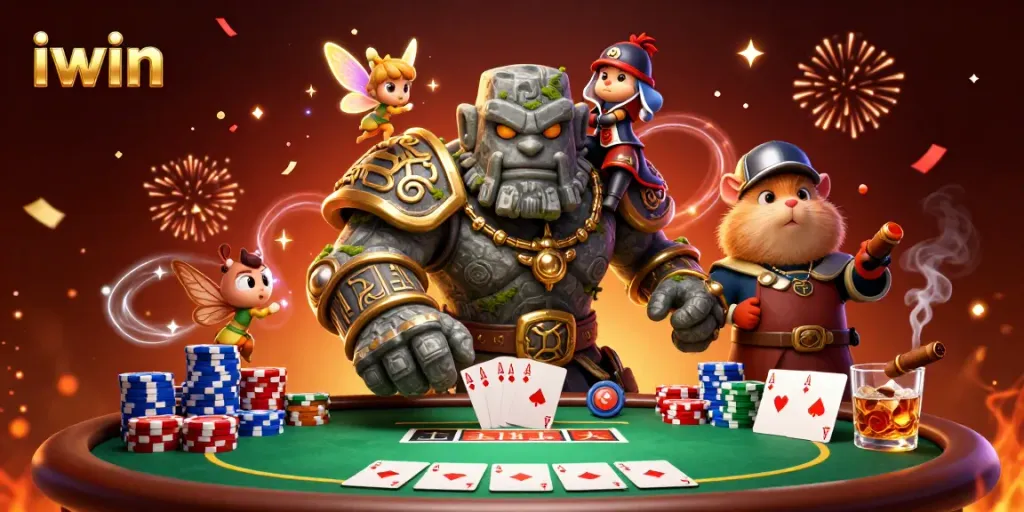Join the excitement at iwin with a magical golem and companions in a thrilling poker scene!