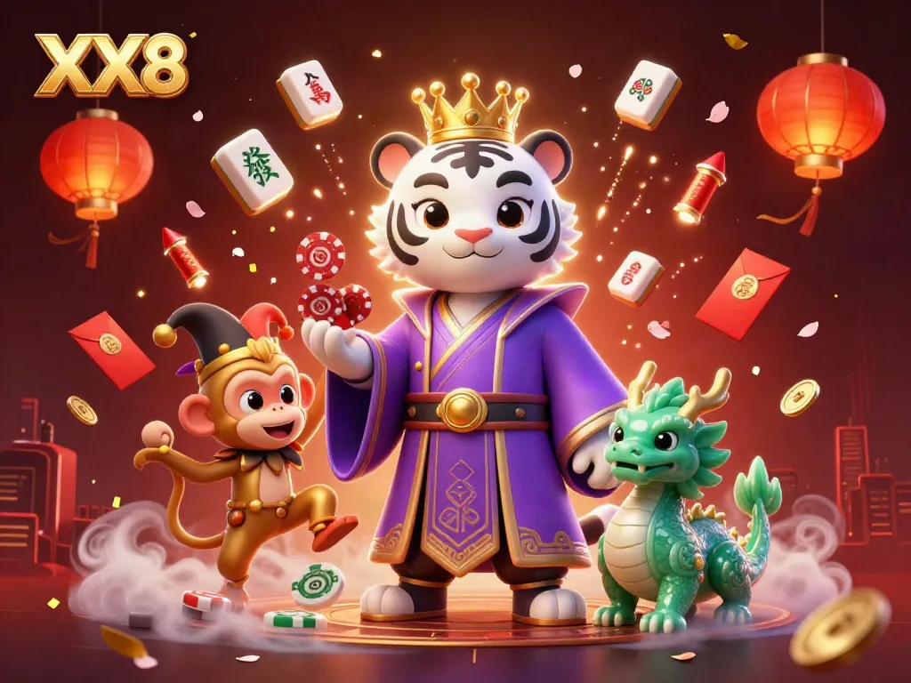 Experience the thrill of XX8 with a lively 3D casino scene featuring a royal tiger and playful monkey.