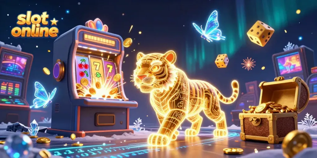 Experience slot online excitement with a vibrant 3D digital casino scene bursting with action.
