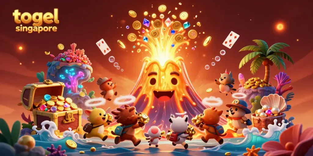 Experience the excitement of togel singapore as a golden volcano erupts with treasure, symbolizing fortune.