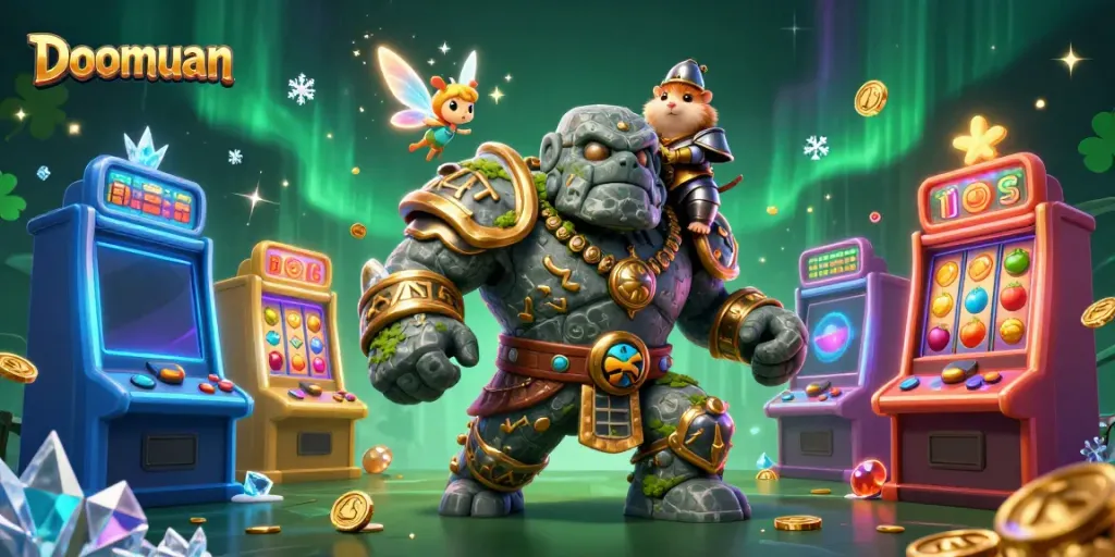 Doomuan captures the spirit of gaming with a vibrant scene featuring a stone golem guardian and a hamster knight amidst colorful slot machines.
