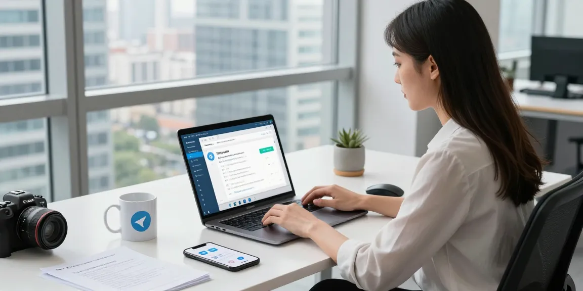 Downloading Telegram Chinese version on a laptop in a modern office setting.