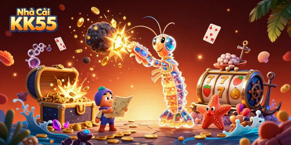 Experience the thrill of Nhà Cái KK55 with a galactic shrimp winning treasure in a vibrant casino scene.