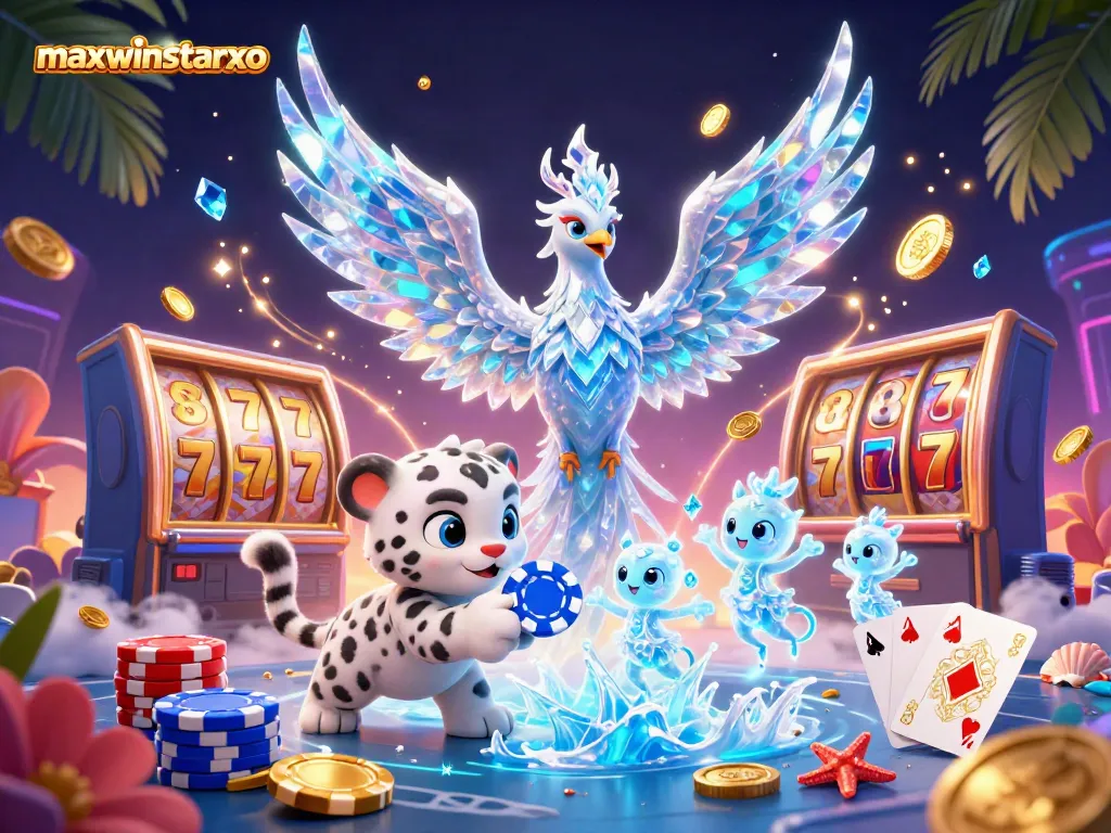 Engage with maxwinstarxo's vibrant slots scene featuring colorful gaming elements and a dynamic ice phoenix.