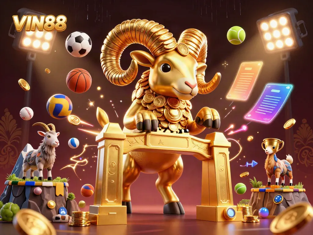 Experience the thrill of VIN88 with a golden ram charging through a vibrant casino scene.