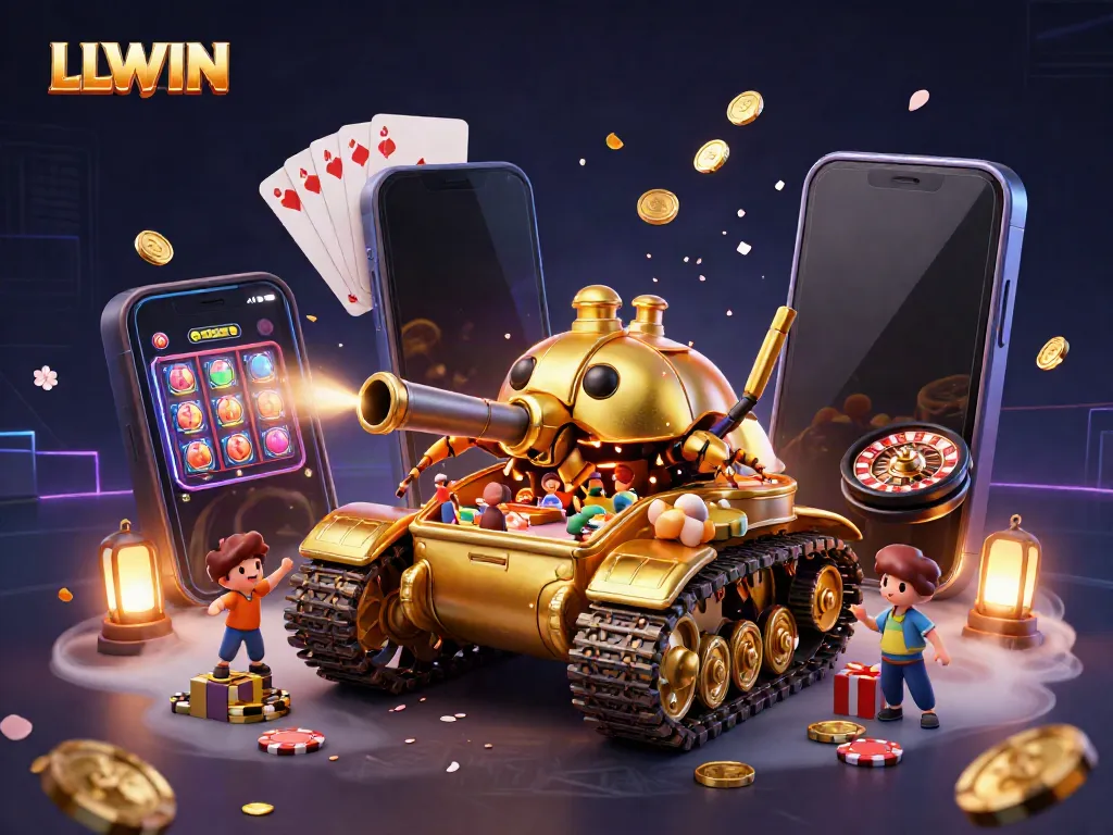 LLWIN's dynamic gambling scene featuring a golden beetle tank, slot game smartphone, and festive casino atmosphere.