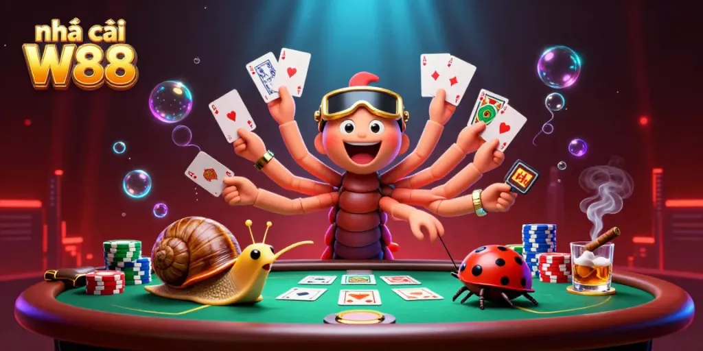Experience the vibrant world of nhà cái W88 with a dynamic poker scene showcasing a cartoon dealer and unique characters.