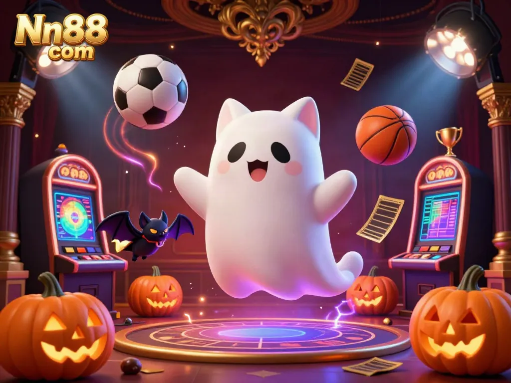 Experience the thrills of Nn88 com with a playful ghost cat and vibrant casino elements.