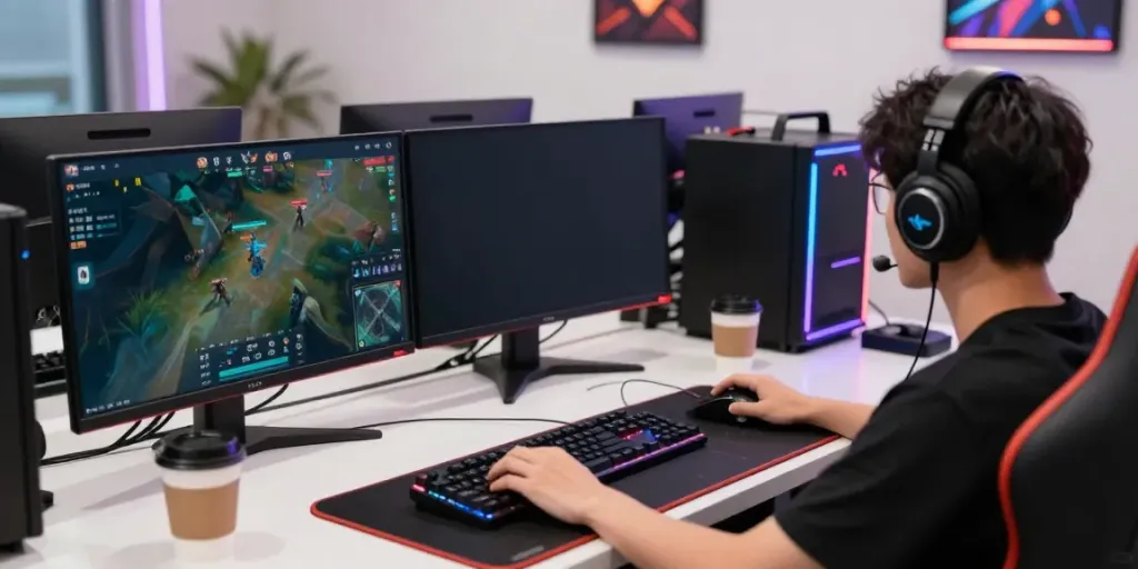 Engaged player analyzing Singatoto game data in a vibrant gaming setup