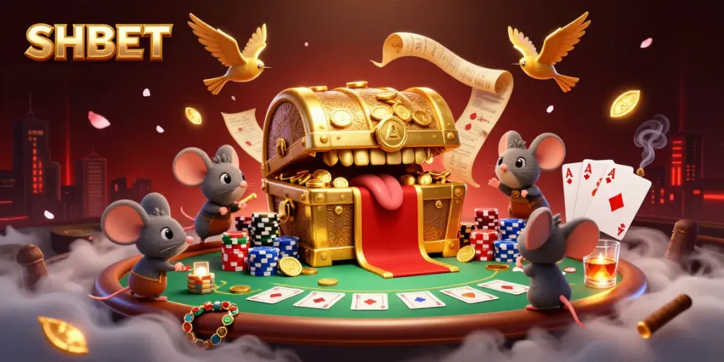 Engage with SHBET's thrilling gameplay featuring a treasure chest and poker elements.