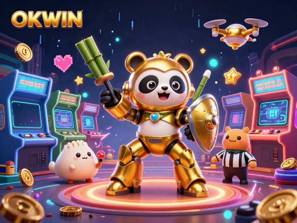 Engage in thrilling gameplay at OKWIN's 3D animated casino, featuring a mech-suit panda and vibrant game elements.