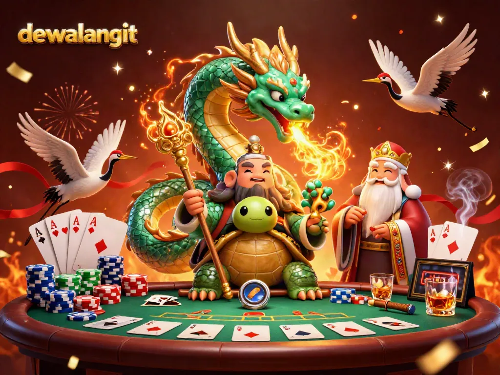 Menggambarkan dewalangit sebagai simbol keberuntungan di kasino dengan naga hijau zamrud dan karakter lain yang melibatkan berbagai elemen permainan kartu.